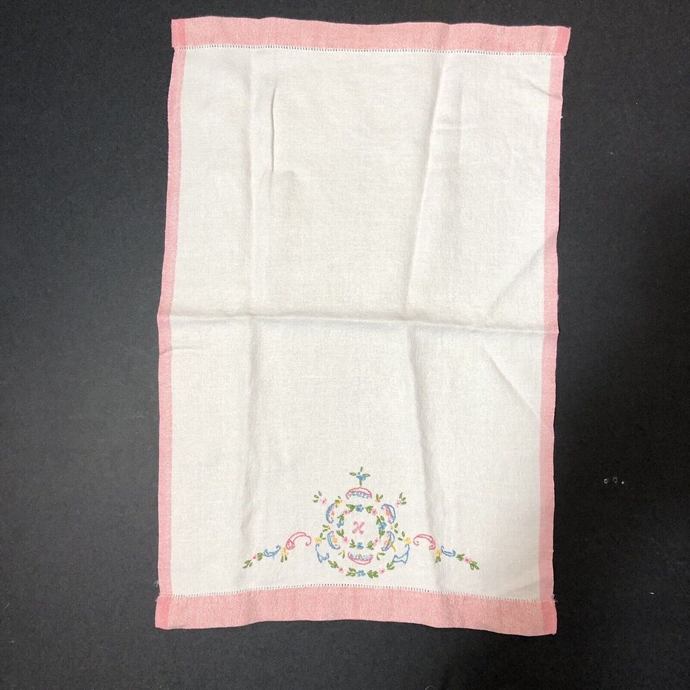 Vintage Tea Towel Set Monogram H K X Embroidered Tiny Flowers Pink Blue - Picture 12 of 16